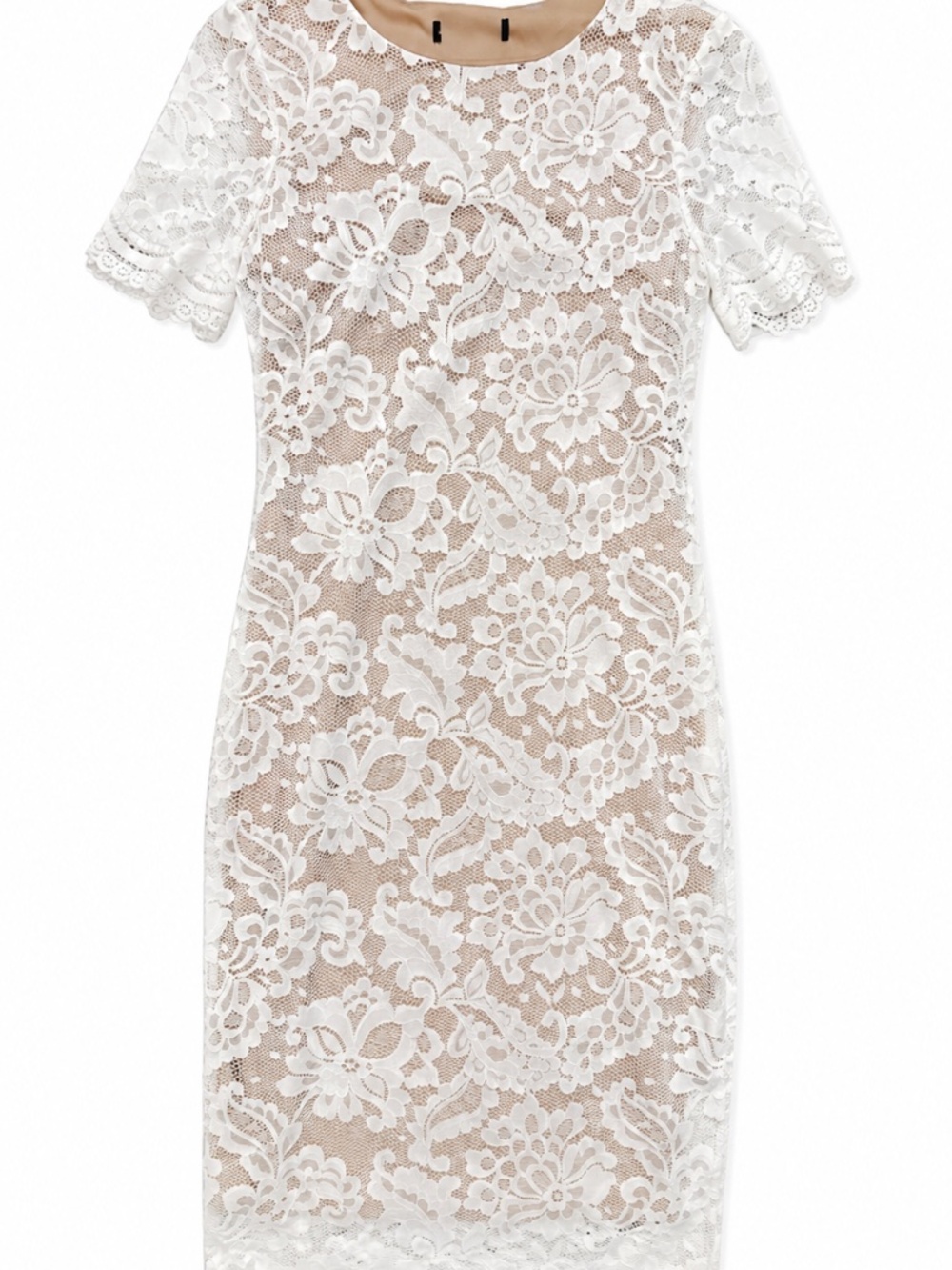 White Floral Lace Bodycon Midi Dress Size Small Elegant Sheer Overlay
